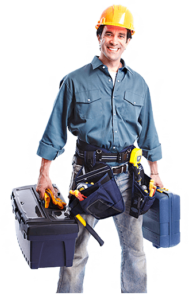 plumber man wearing a helmet and holding a tool boxes in both boxes
