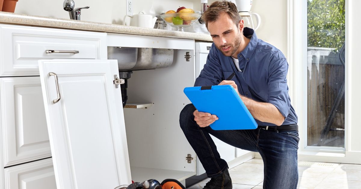 Plumber inspecting pipes under sink