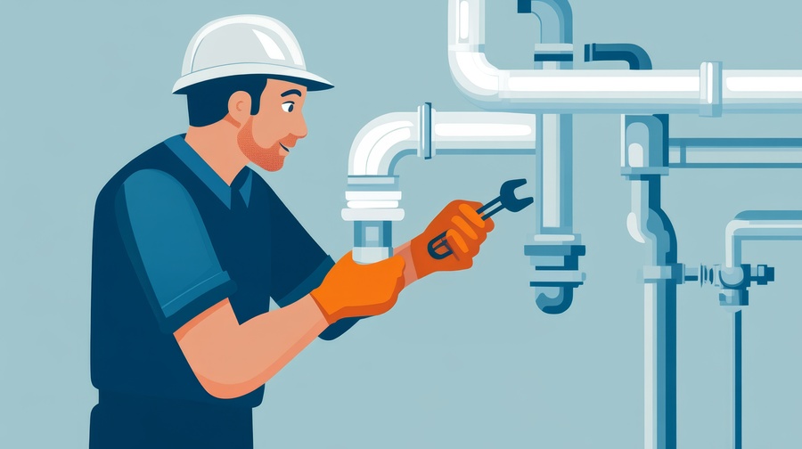 Plumber repairing sink pipe leak fix, drain replacement, and pipe cleaning illustration