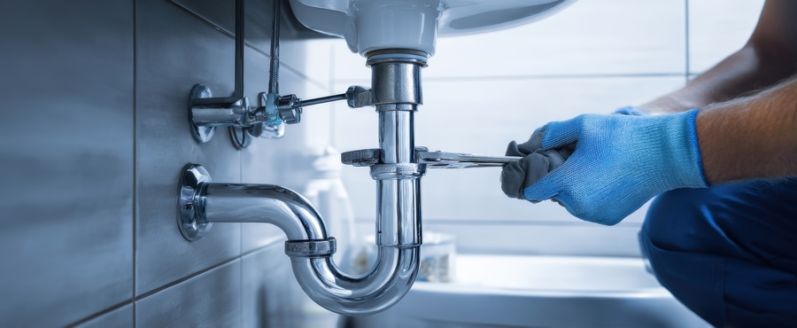 The plumber fixing a sink using a wrench in bathroom