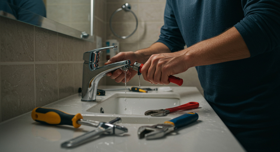 Plumbing expert repairing a dripping bathroom sink faucet with professional tools