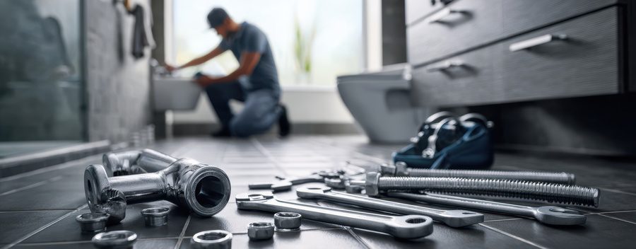 The plumber working in a business bathroom repair