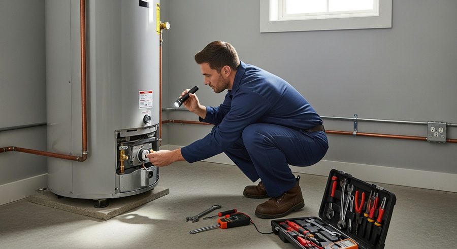 Professional Plumber Technician Inspecting and Maintaining a Residential Water Heater in a Utility Room