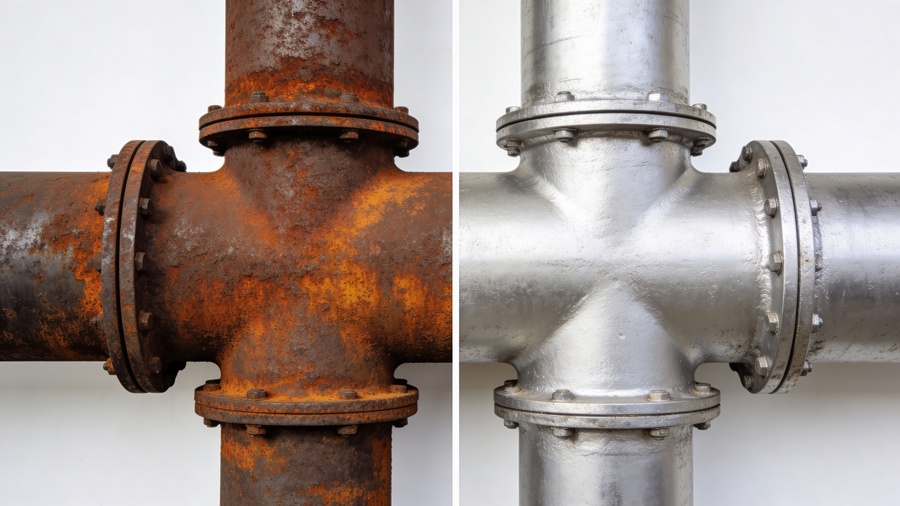 A comparison of two metal pipes, one rusty and the other shiny and new. The pipes are connected in a cross shape